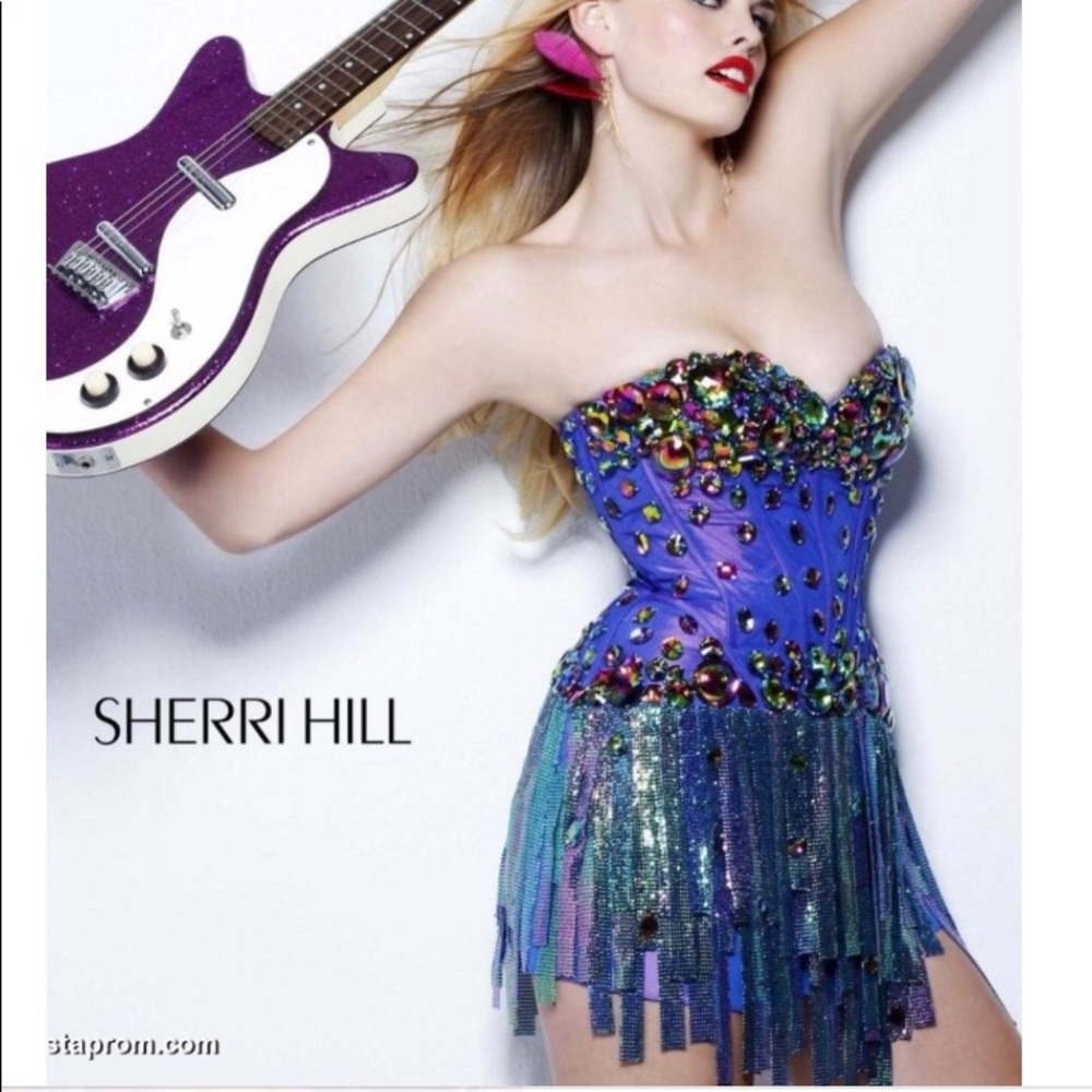 RARE SHERRI HILL PURPLE SHORT FRINGE DRESS